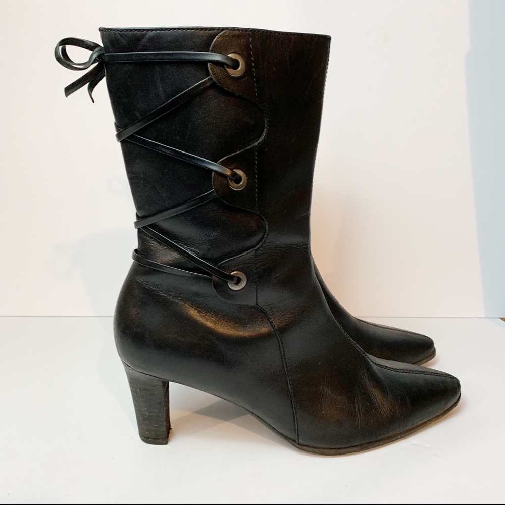 Rockport Leather Lace Up Back Black Heeled Boot Pointed Toe